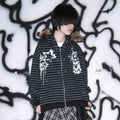 RebelSeed_Cat_Print_Black_Gray_Striped_Women's_Washed_Cotton_Zip-up_Hoodies_970570808518_MISSTT