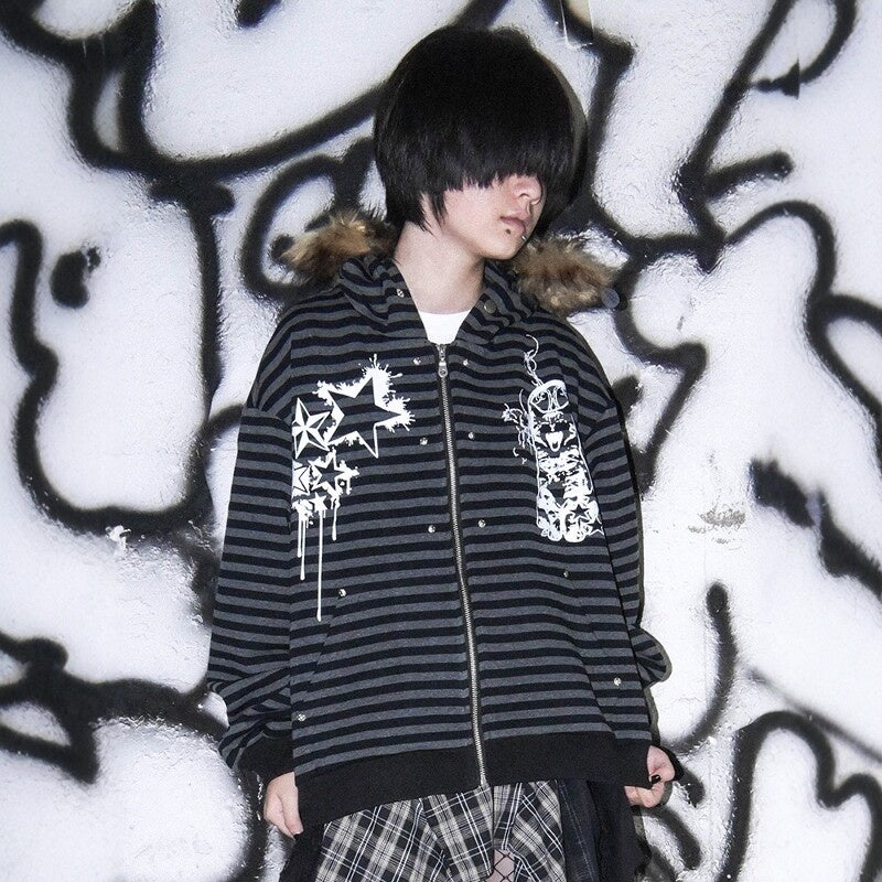 RebelSeed_Cat_Print_Black_Gray_Striped_Women's_Washed_Cotton_Zip-up_Hoodies_970570808518_MISSTT