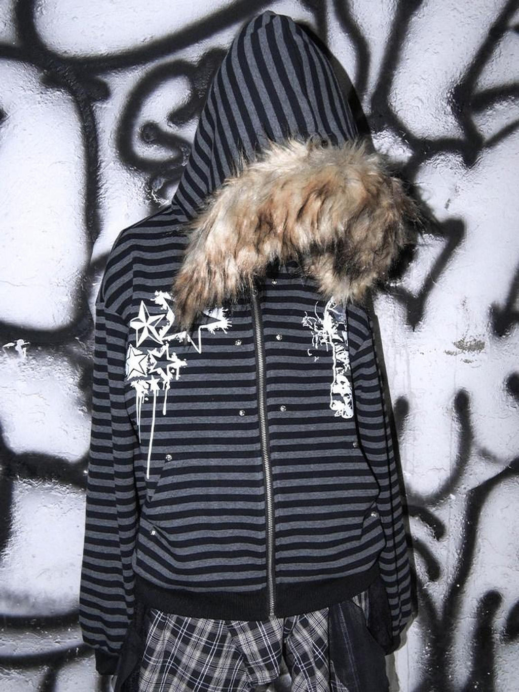 RebelSeed Cat Print Black Gray Striped Women's Washed Cotton Zip-up Hoodies