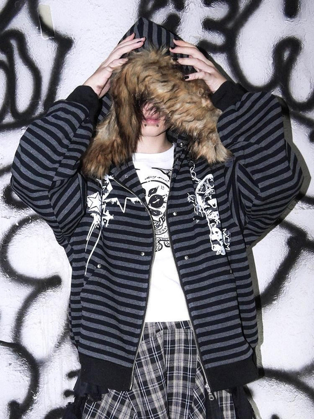 RebelSeed Cat Print Black Gray Striped Women's Washed Cotton Zip-up Hoodies
