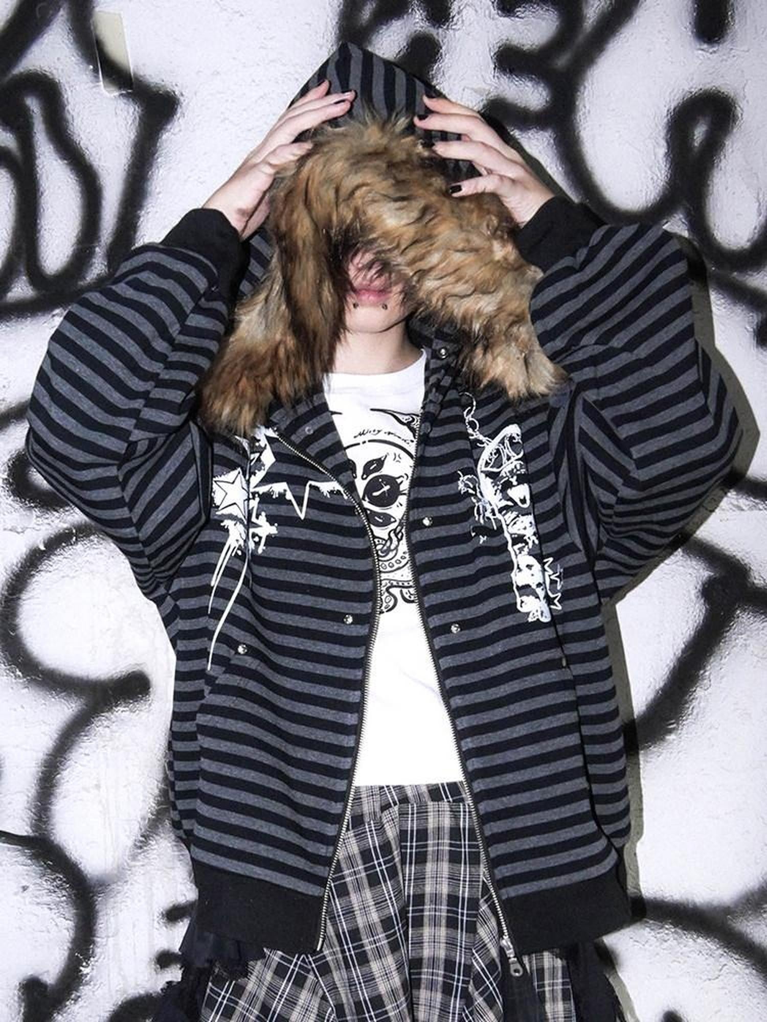 RebelSeed Cat Print Black Gray Striped Women's Washed Cotton Zip-up Hoodies