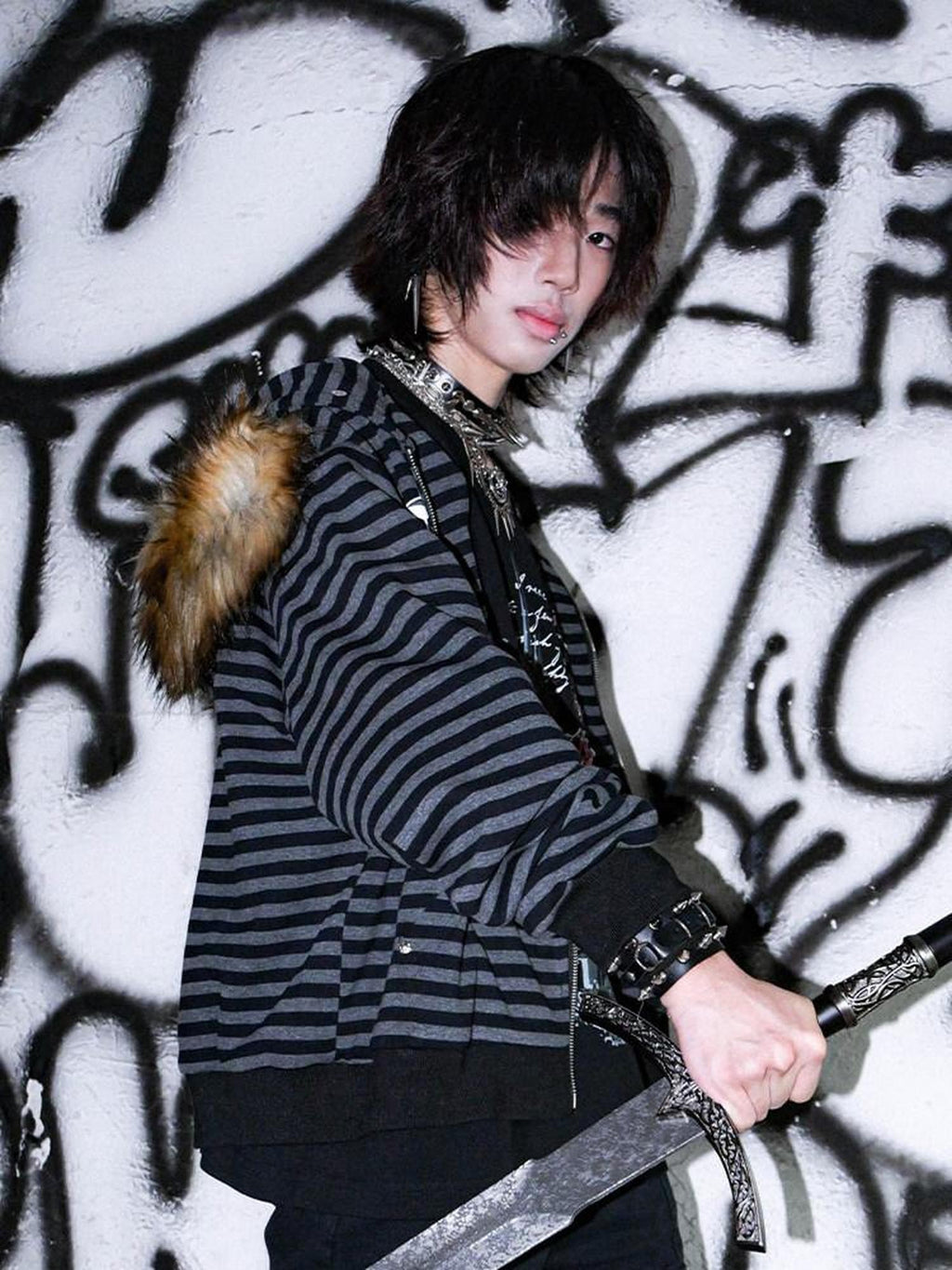 RebelSeed Cat Print Black Gray Striped Women's Washed Cotton Zip-up Hoodies