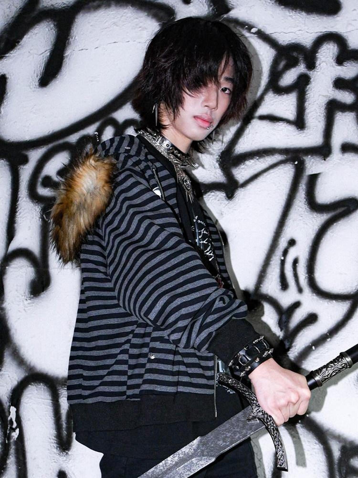 RebelSeed Cat Print Black Gray Striped Women's Washed Cotton Zip-up Hoodies
