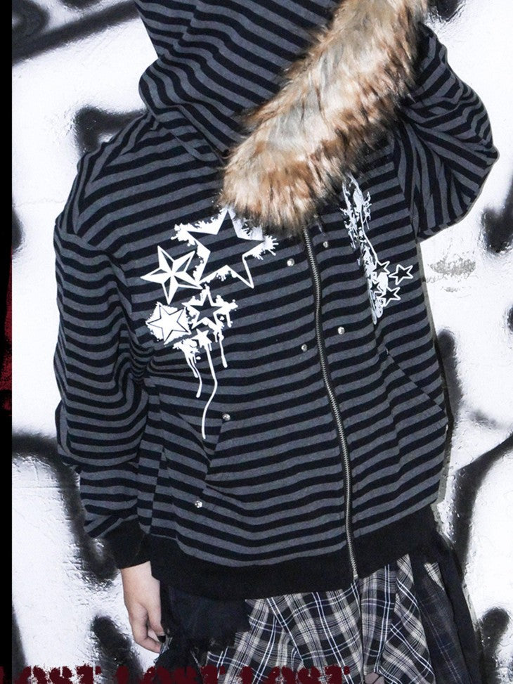 RebelSeed Cat Print Black Gray Striped Women's Washed Cotton Zip-up Hoodies