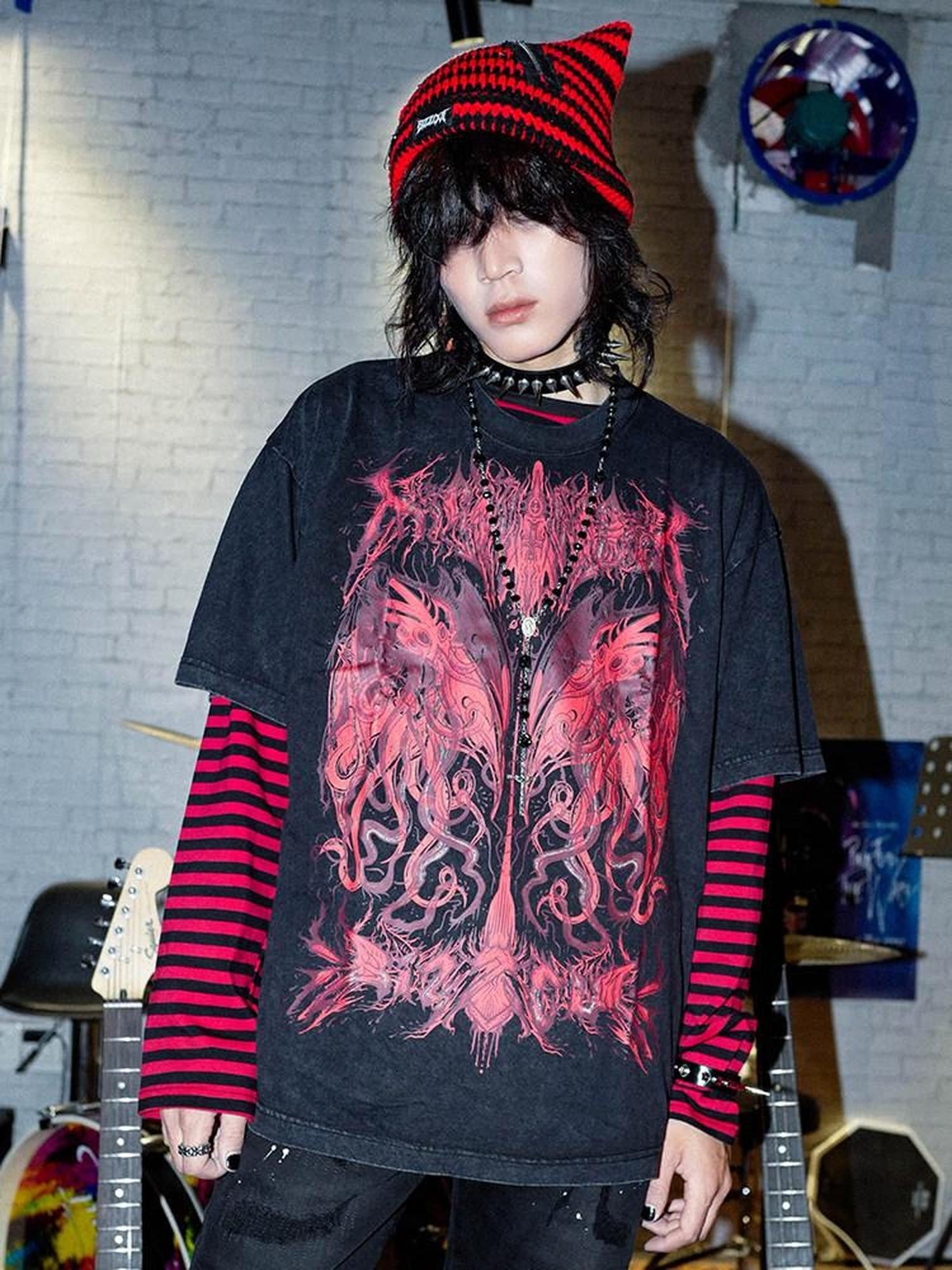 RebelSeed Cthulhu Art Print Heat Transfer Punk Women's Cotton Fleece Long Sleeve T-shirts