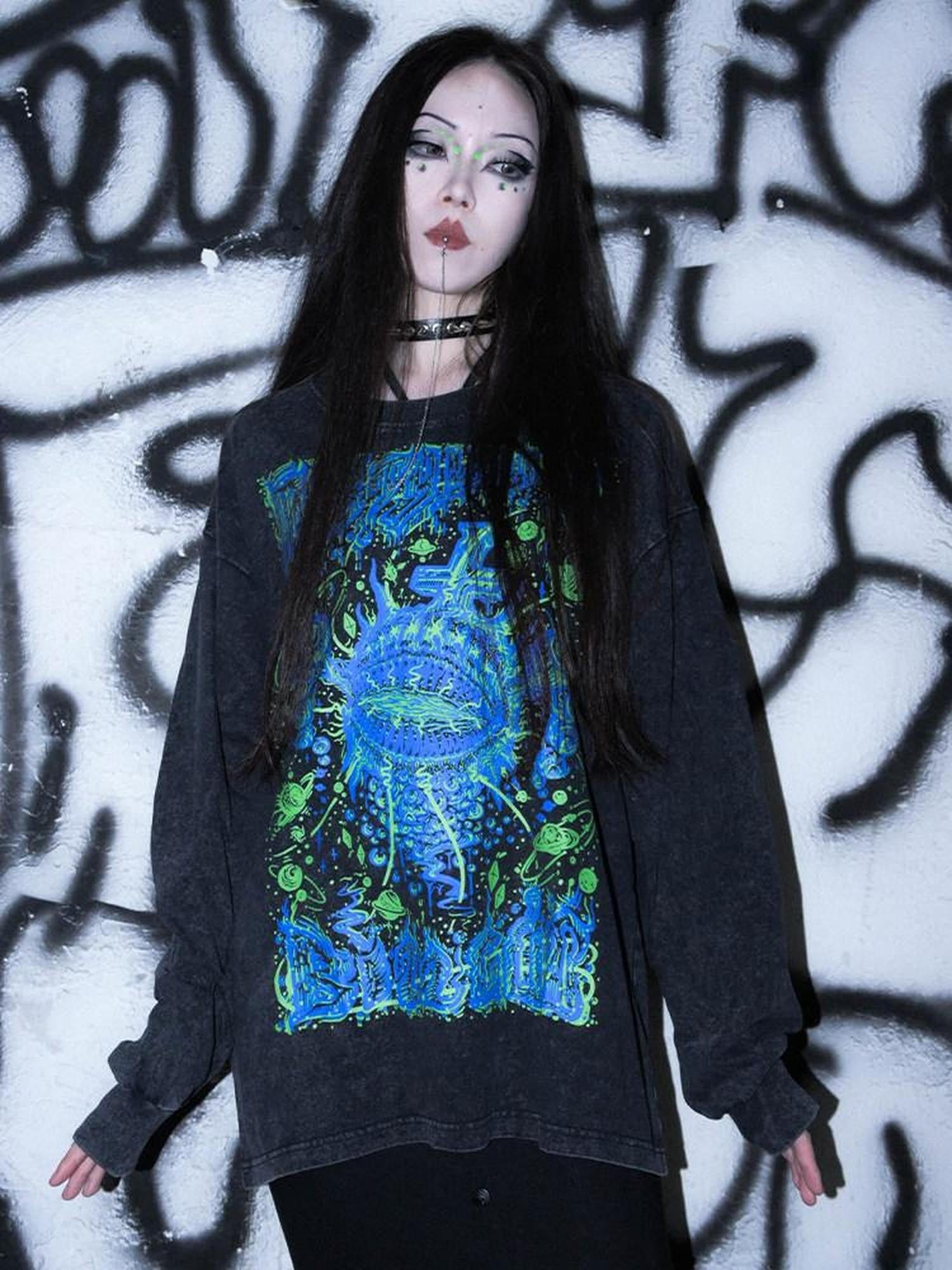 RebelSeed Cthulhu Eye Punk Distressed Washed Print Women's Cotton Long Sleeve T-shirts