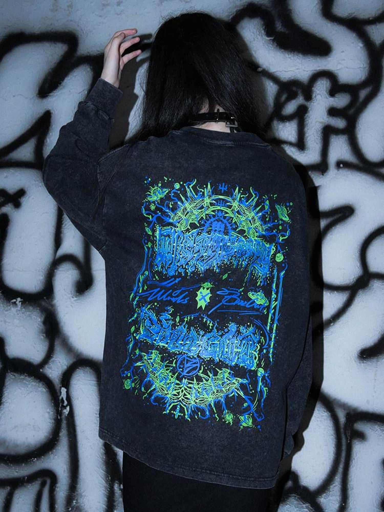 RebelSeed Cthulhu Eye Punk Distressed Washed Print Women's Cotton Long Sleeve T-shirts