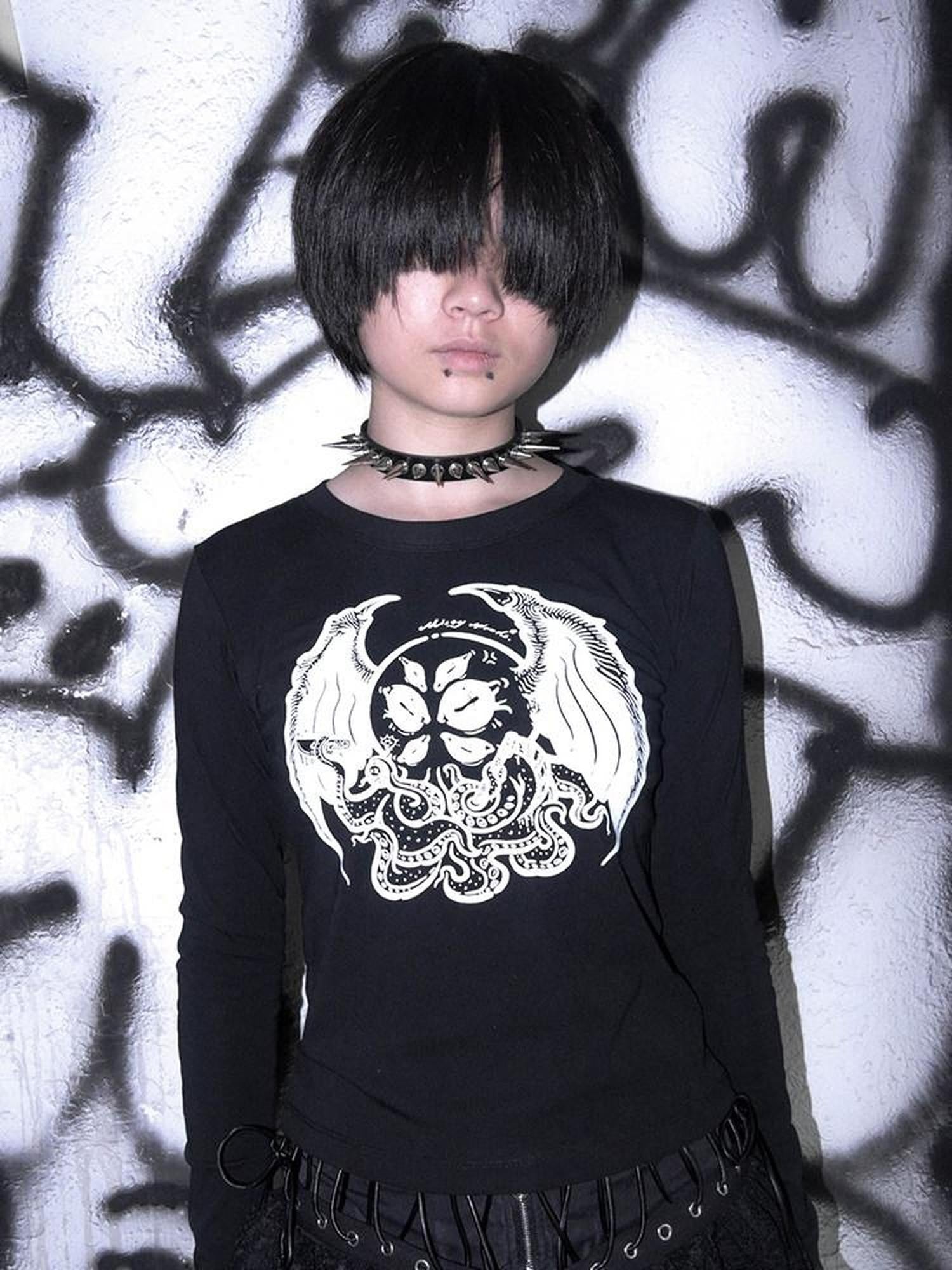 RebelSeed Cthulhu Moth Totem Printed Punk Loose Women's Cotton Long Sleeve T-shirts