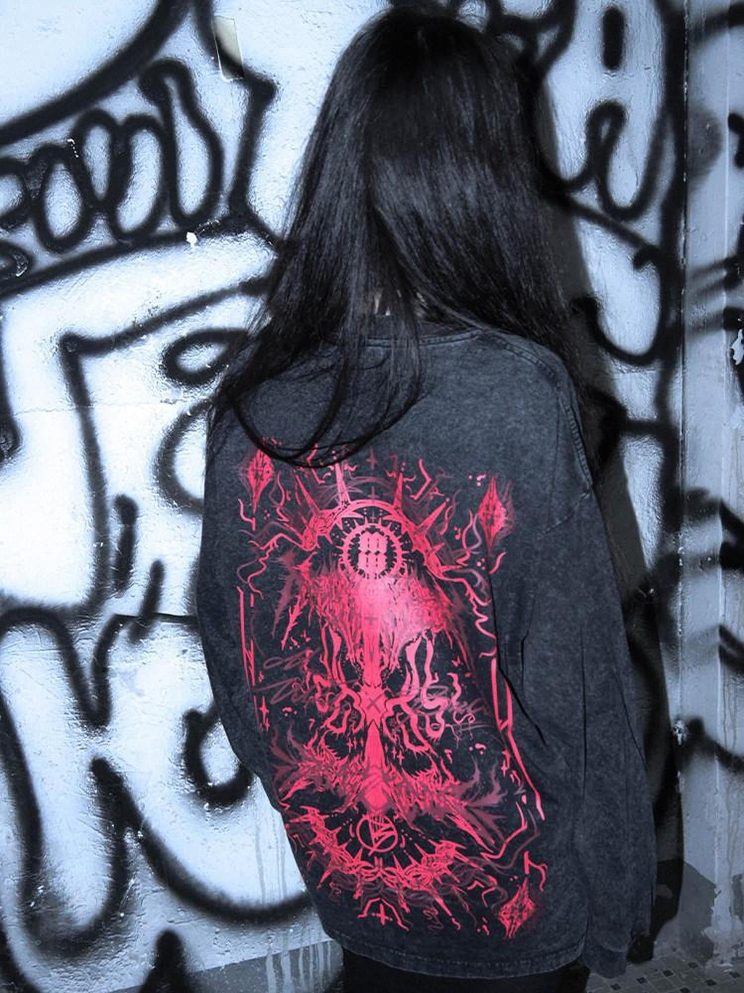 RebelSeed Cthulhu Print Distressed Gothic Women's Cotton Long Sleeve T-shirts