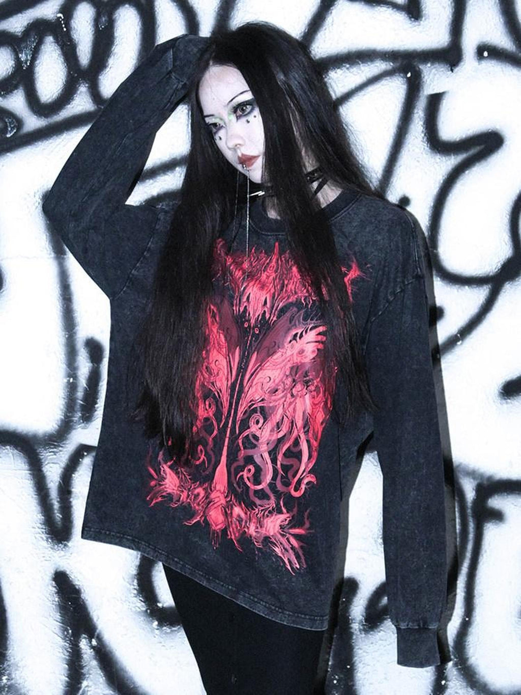 RebelSeed Cthulhu Print Distressed Gothic Women's Cotton Long Sleeve T-shirts