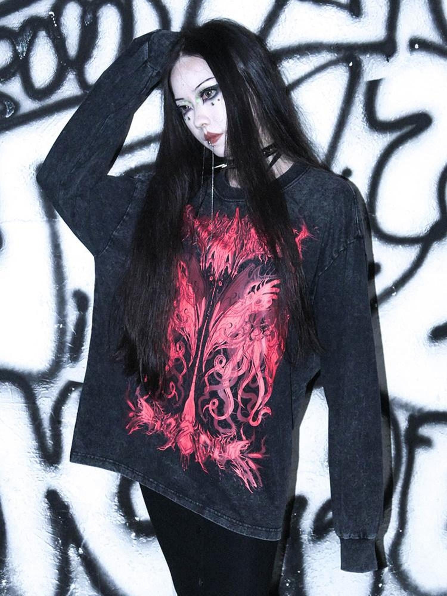 RebelSeed Cthulhu Print Distressed Gothic Women's Cotton Long Sleeve T-shirts