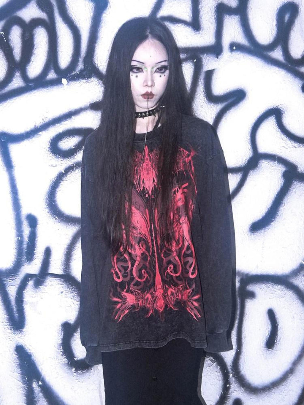 RebelSeed Cthulhu Print Distressed Gothic Women's Cotton Long Sleeve T-shirts