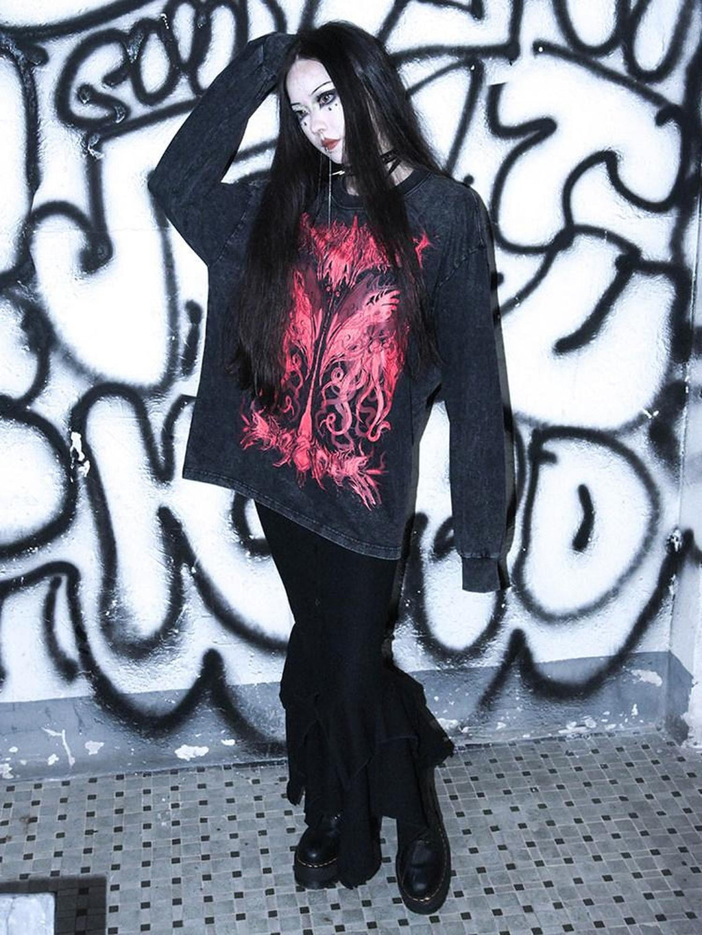 RebelSeed Cthulhu Print Distressed Gothic Women's Cotton Long Sleeve T-shirts