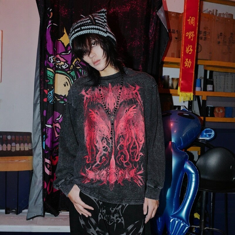 RebelSeed_Cthulhu_Skull_Demon_Distressed_Washed_Print_Women's_Cotton_Long_Sleeve_T-shirts_971901706219_MISSTT