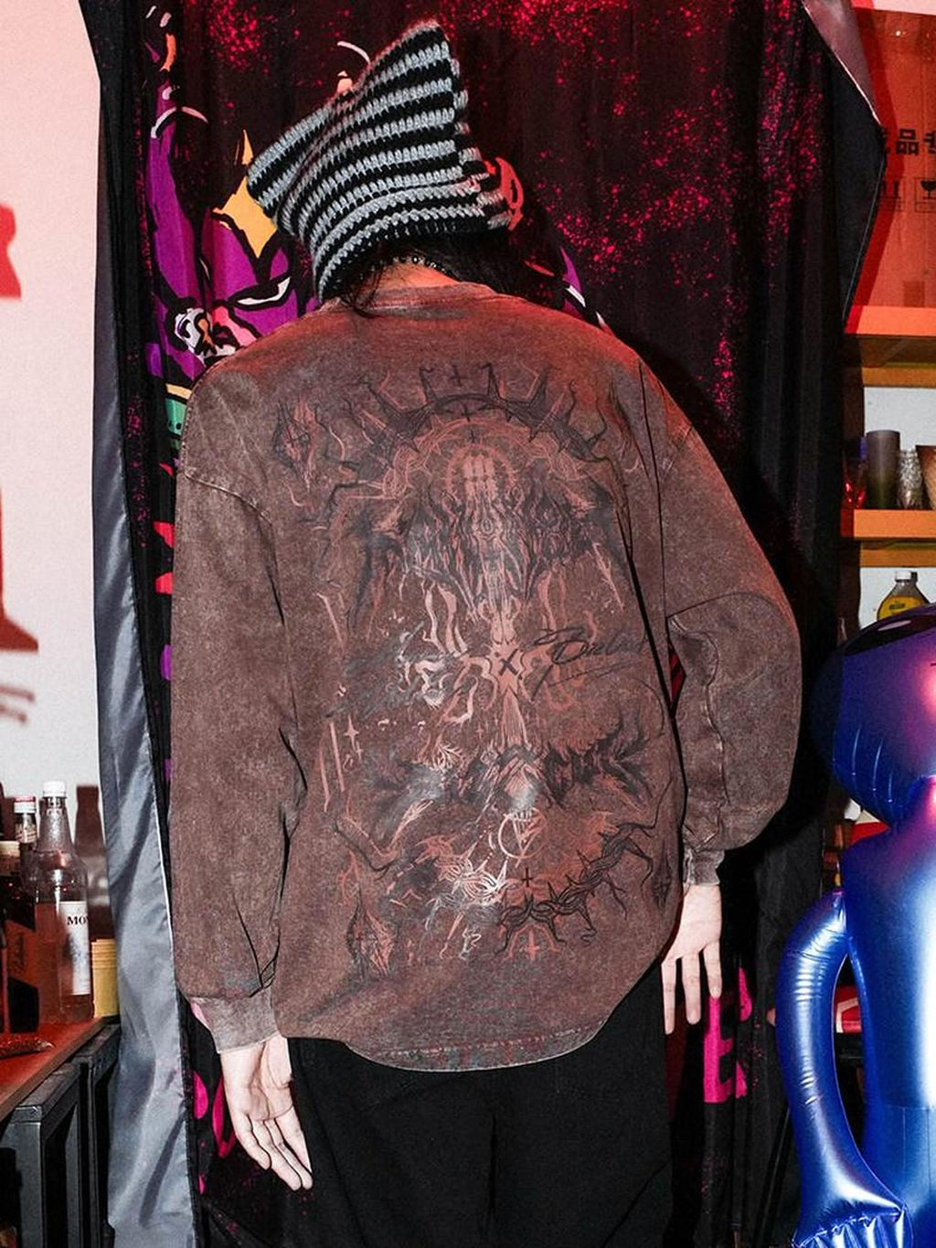 RebelSeed Cthulhu Skull Demon Distressed Washed Print Women's Cotton Long Sleeve T-shirts