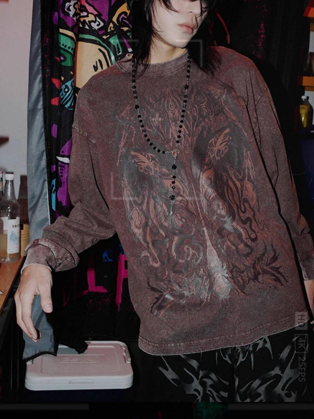 RebelSeed Cthulhu Skull Demon Distressed Washed Print Women's Cotton Long Sleeve T-shirts