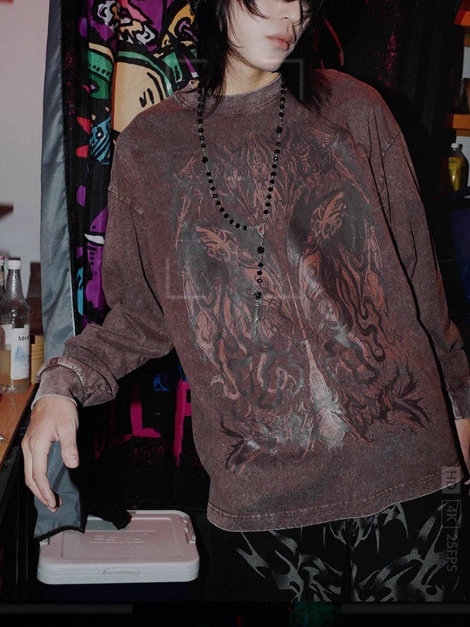 RebelSeed Cthulhu Skull Demon Distressed Washed Print Women's Cotton Long Sleeve T-shirts