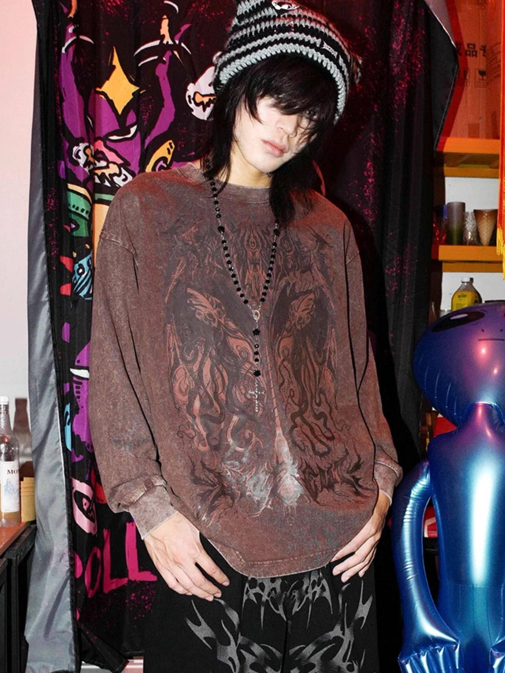 RebelSeed Cthulhu Skull Demon Distressed Washed Print Women's Cotton Long Sleeve T-shirts