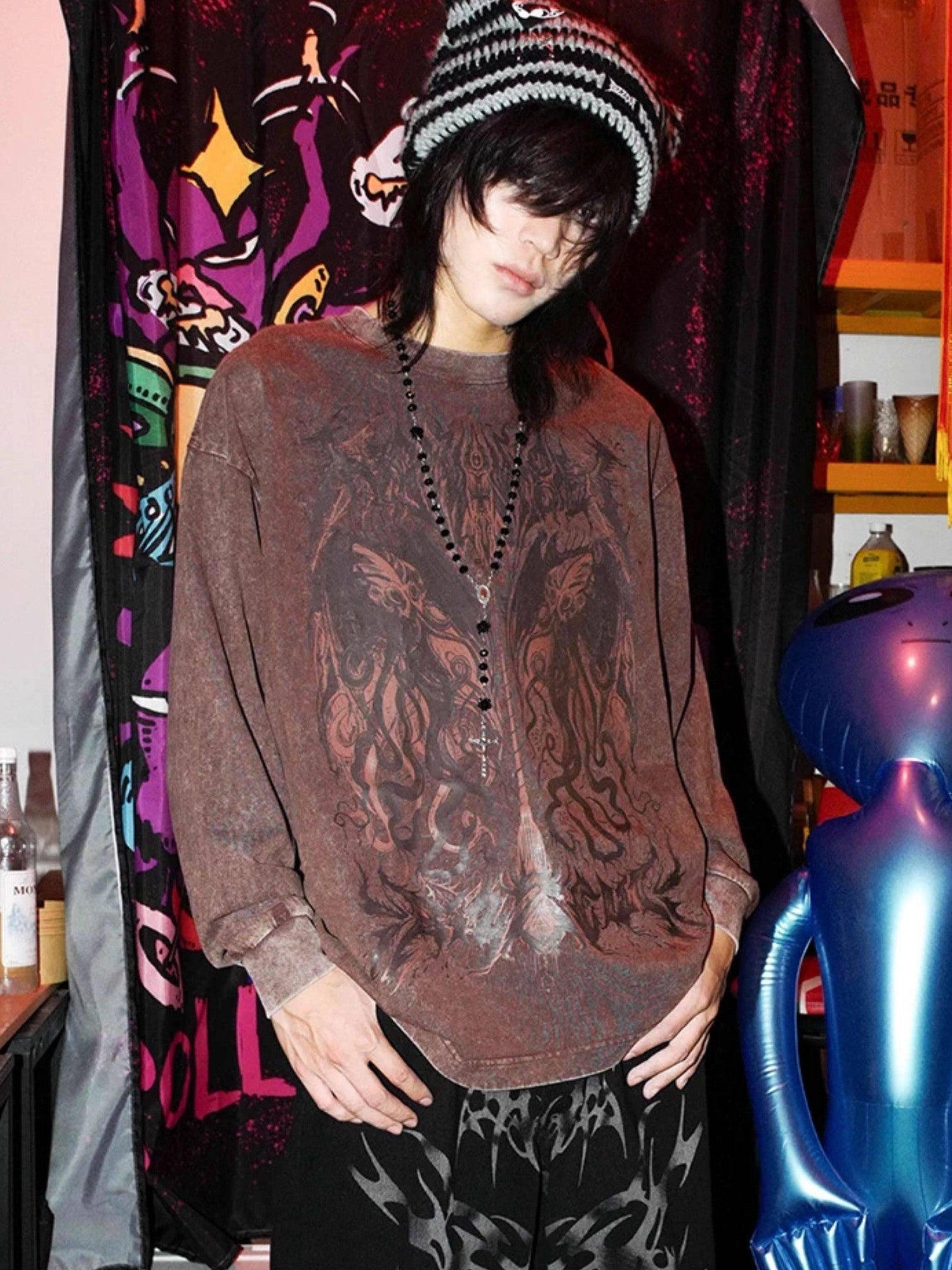 RebelSeed Cthulhu Skull Demon Distressed Washed Print Women's Cotton Long Sleeve T-shirts