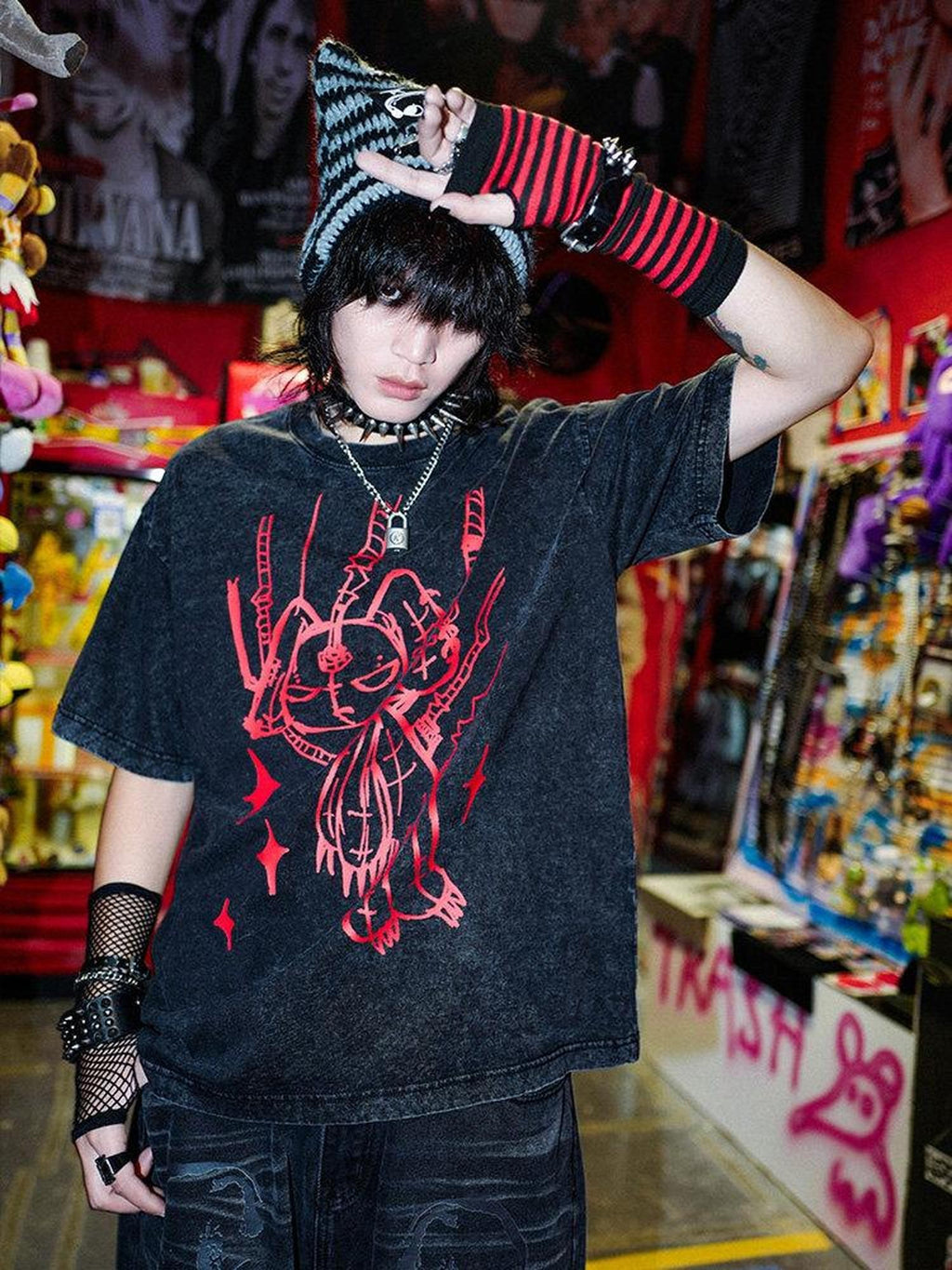 RebelSeed Cyber Bunny Graffiti Punk Oversized Women's Cotton Short Sleeve T-shirts