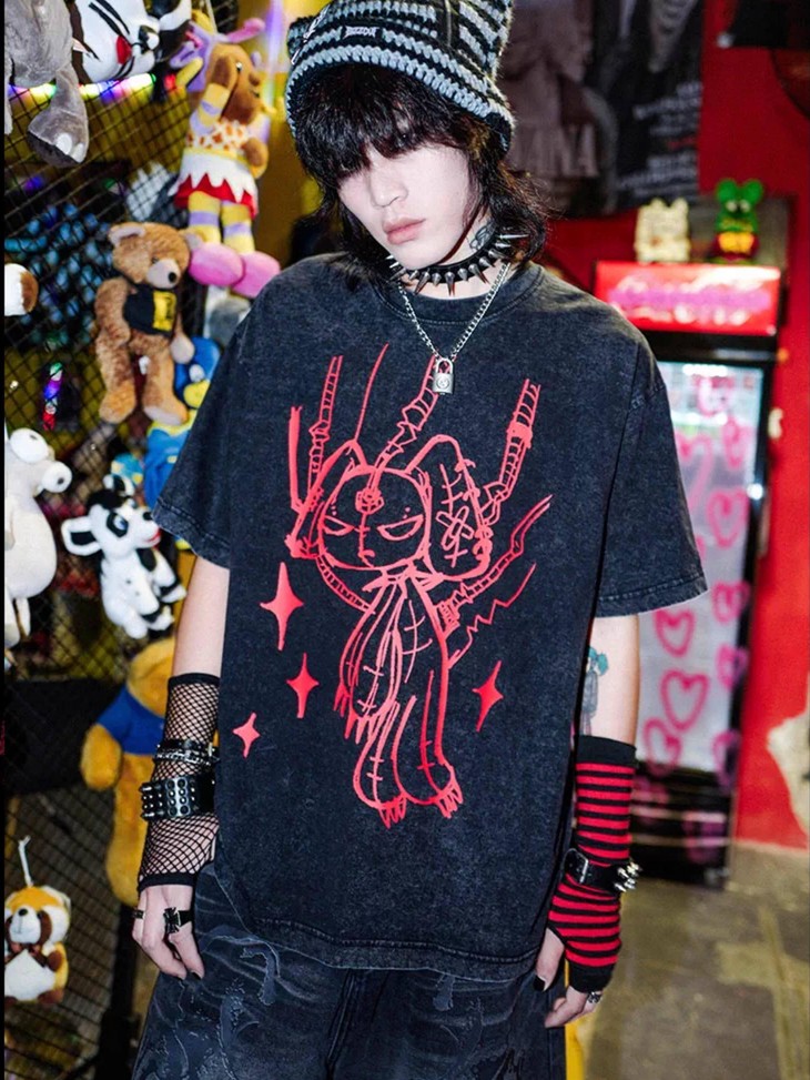 RebelSeed Cyber Bunny Graffiti Punk Oversized Women's Cotton Short Sleeve T-shirts