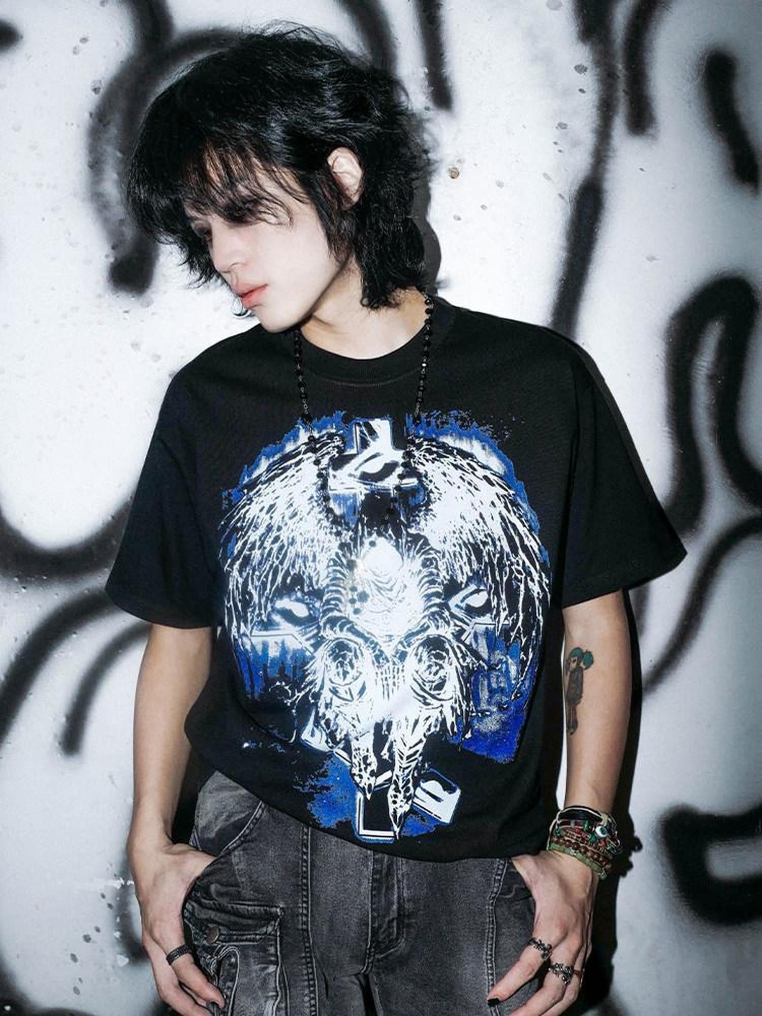 RebelSeed Dark Animal Art Heat Transfer Drop Shoulder Women's Cotton Short Sleeve T-shirts