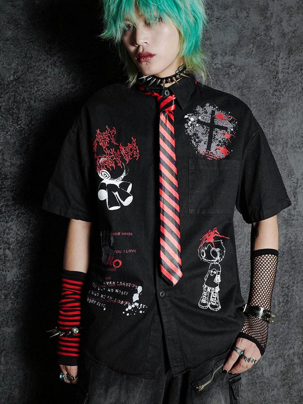 RebelSeed Dark Emo Rock Loose Fit Turn Down Collar Women's Short Sleeve T-shirts