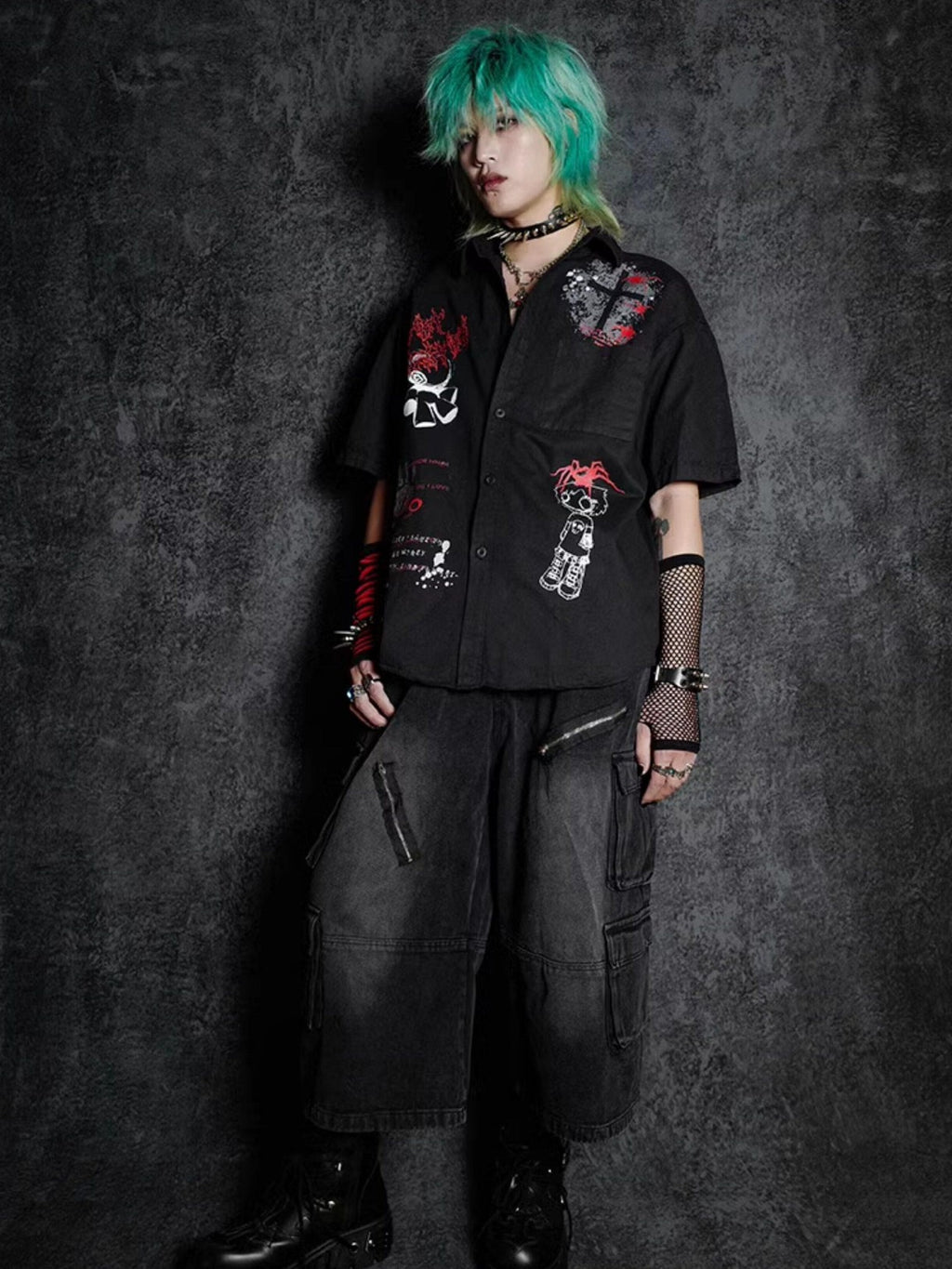 RebelSeed Dark Emo Rock Loose Fit Turn Down Collar Women's Short Sleeve T-shirts