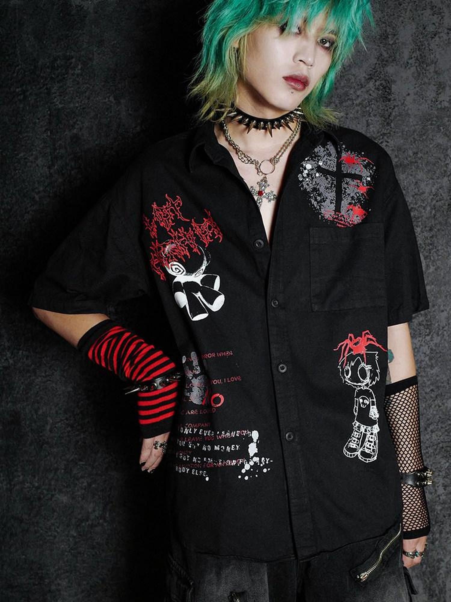 RebelSeed Dark Emo Rock Loose Fit Turn Down Collar Women's Short Sleeve T-shirts