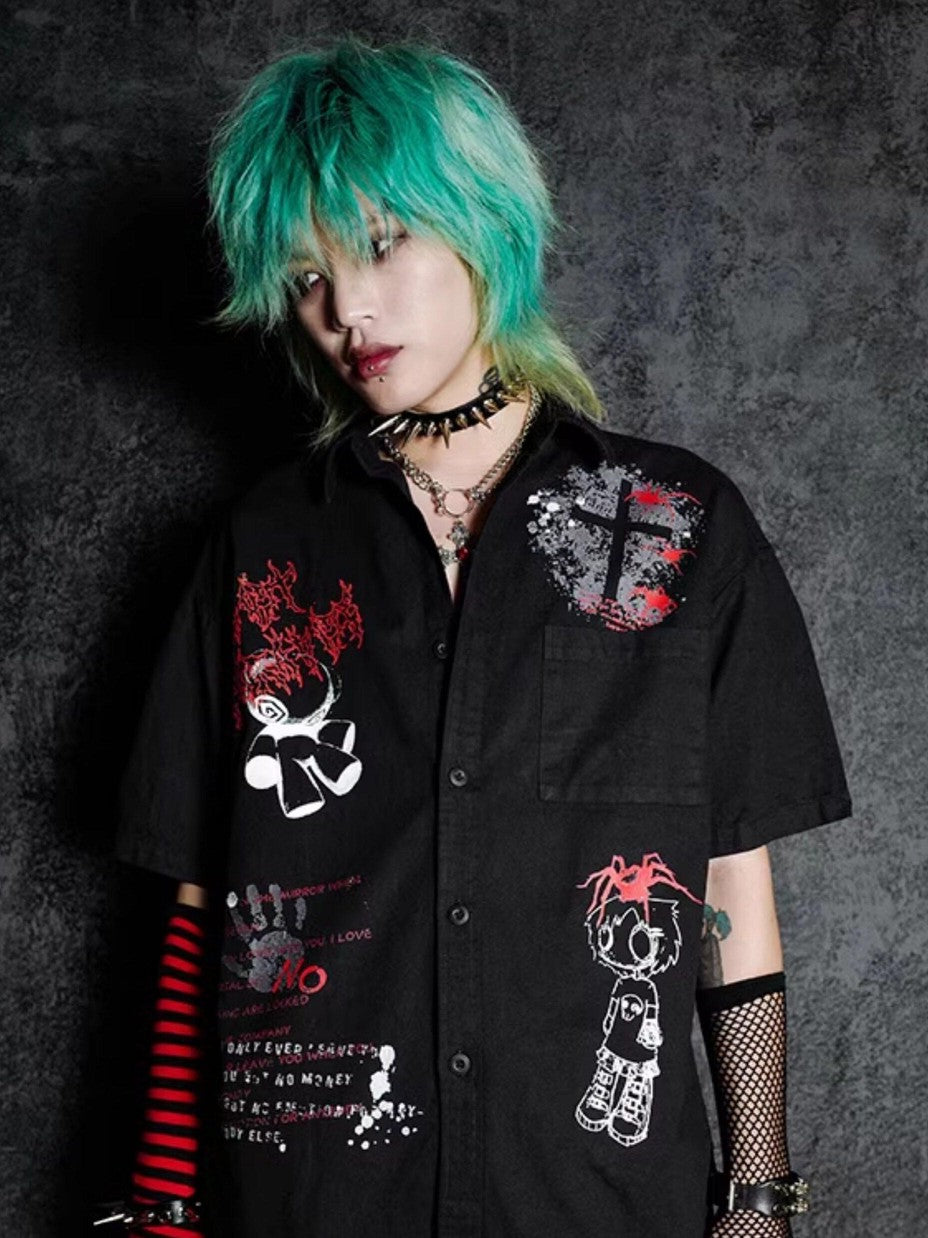 RebelSeed Dark Emo Rock Loose Fit Turn Down Collar Women's Short Sleeve T-shirts