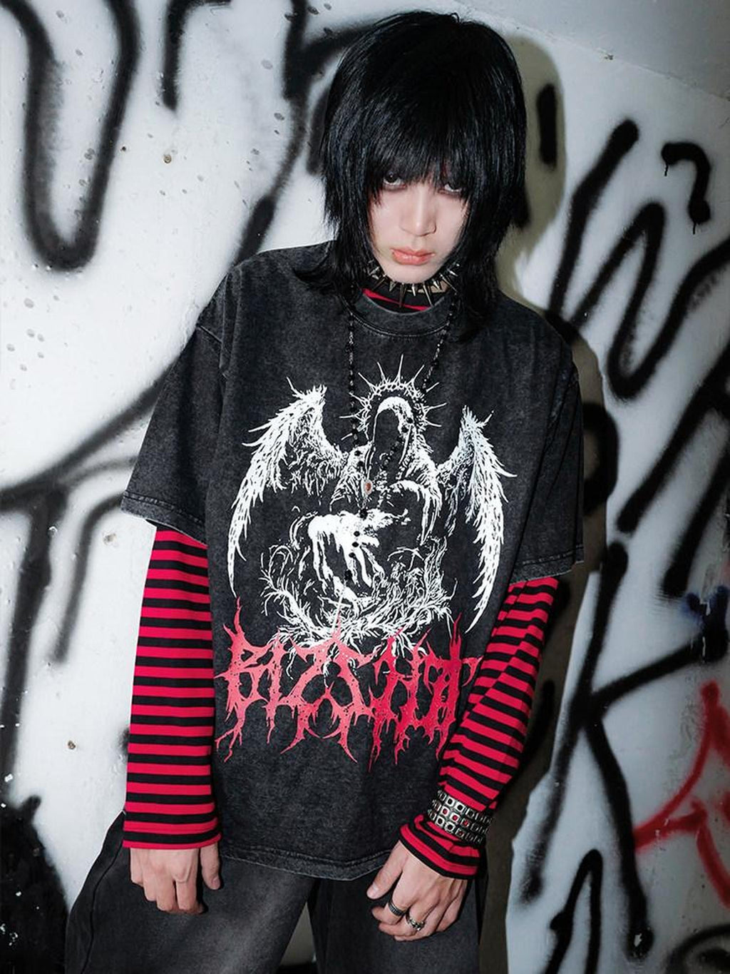 RebelSeed Dark Goth Print Heat Transfer Striped Women's Cotton Long Sleeve T-shirts