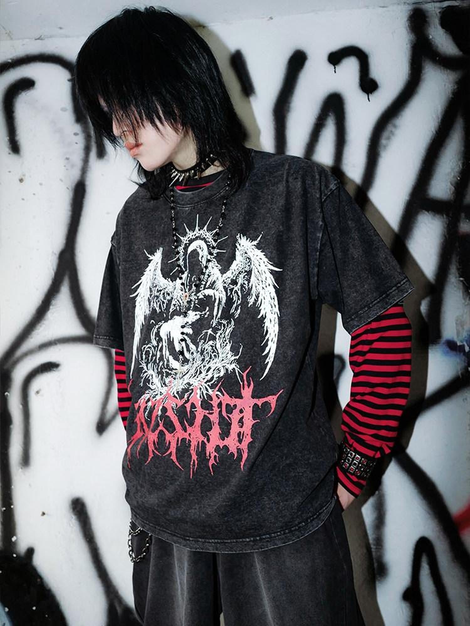 RebelSeed Dark Goth Print Heat Transfer Striped Women's Cotton Long Sleeve T-shirts