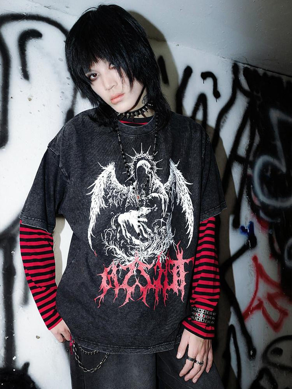 RebelSeed Dark Goth Print Heat Transfer Striped Women's Cotton Long Sleeve T-shirts