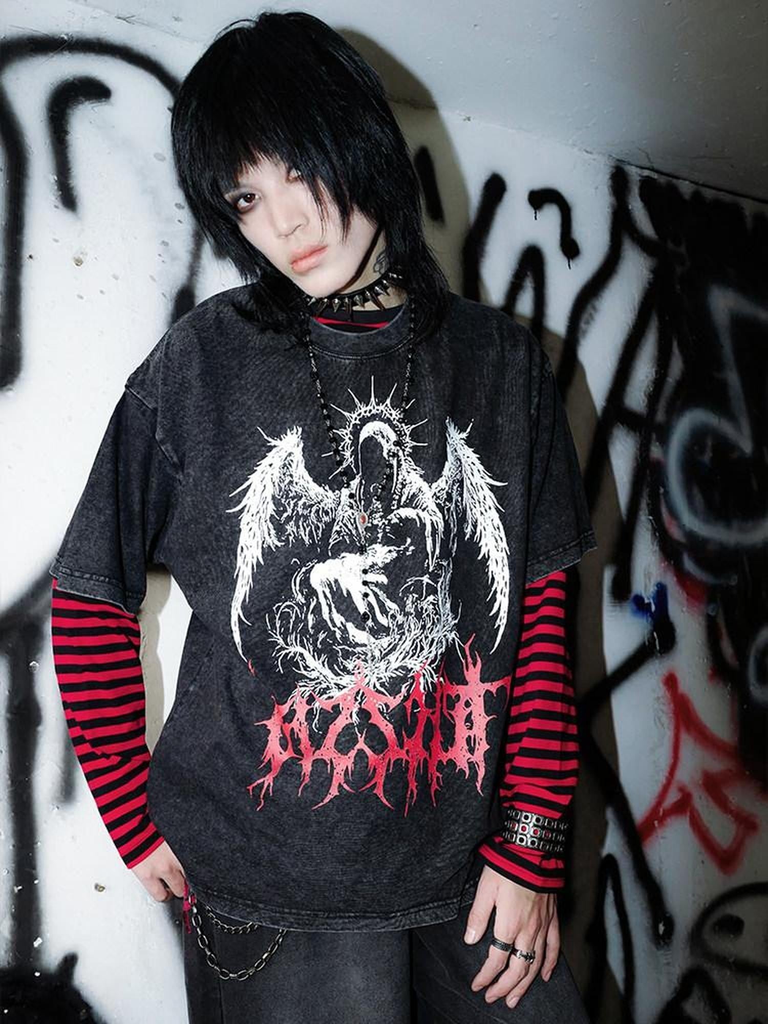 RebelSeed Dark Goth Print Heat Transfer Striped Women's Cotton Long Sleeve T-shirts