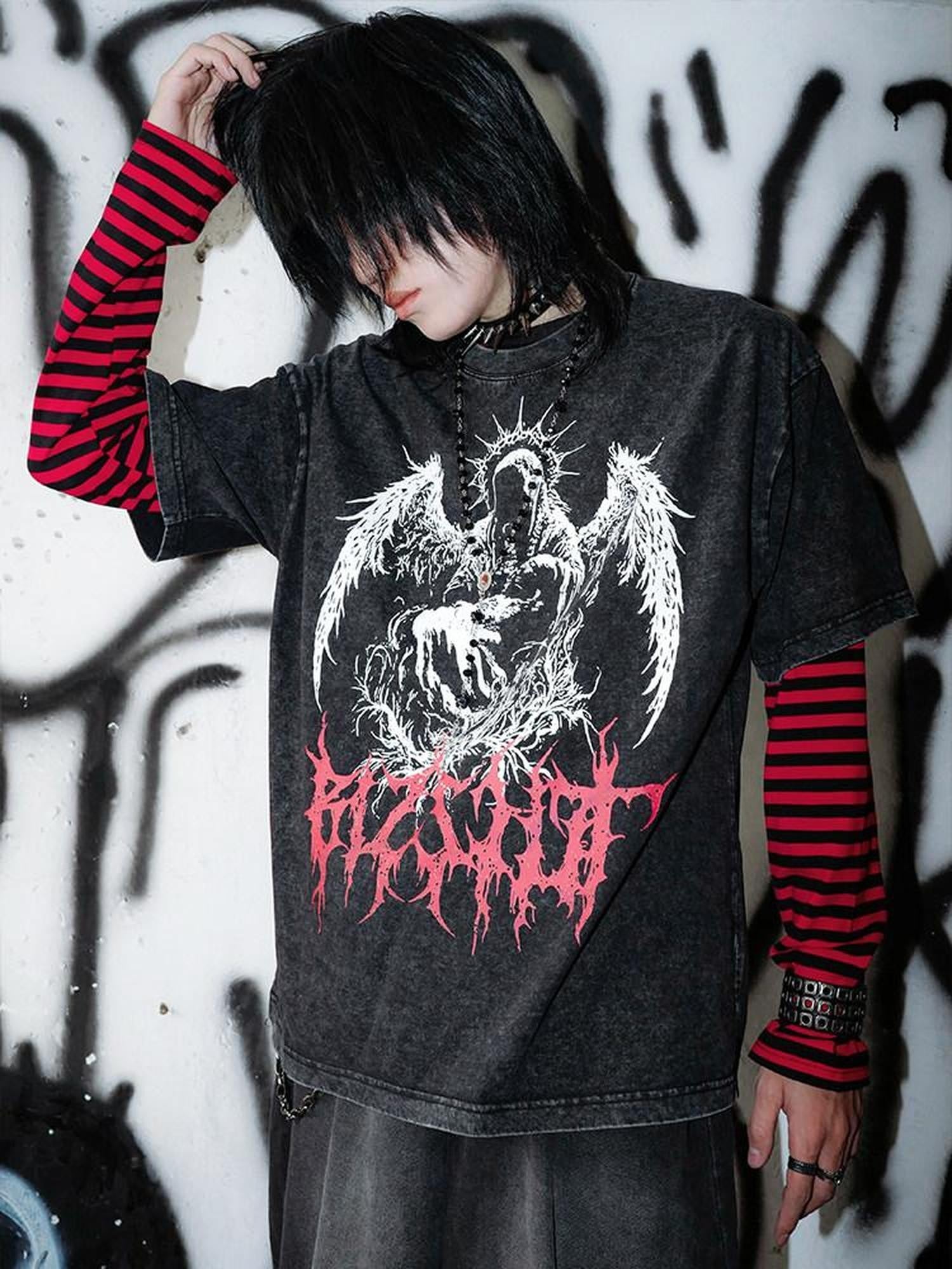 RebelSeed Dark Goth Print Heat Transfer Striped Women's Cotton Long Sleeve T-shirts