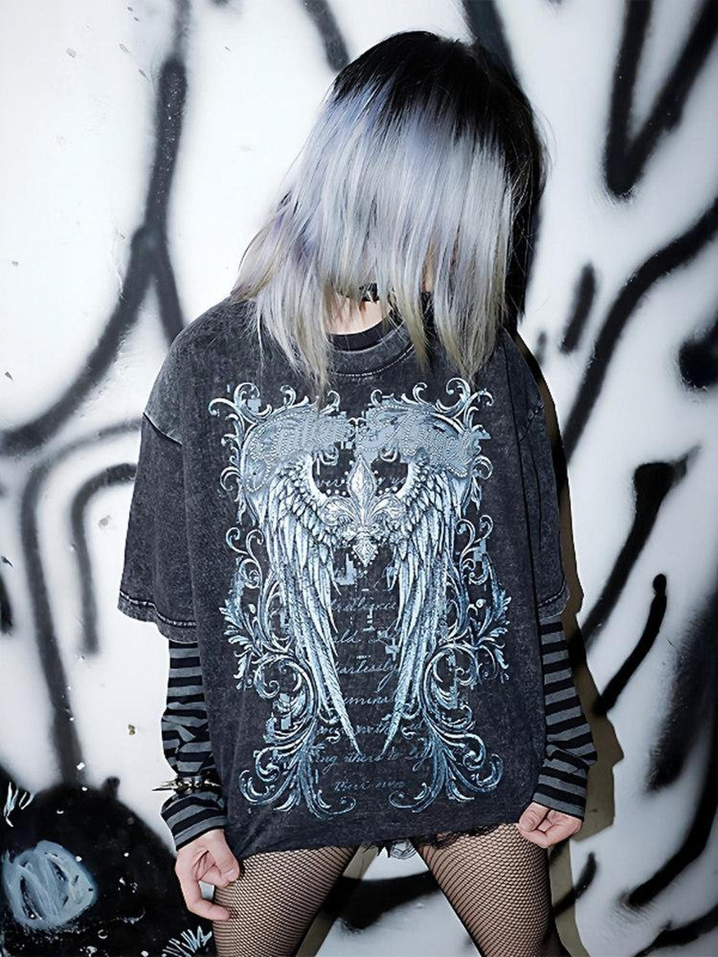 RebelSeed Dark Gothic Art Print Heat Transfer Striped Women's Cotton Long Sleeve T-shirts