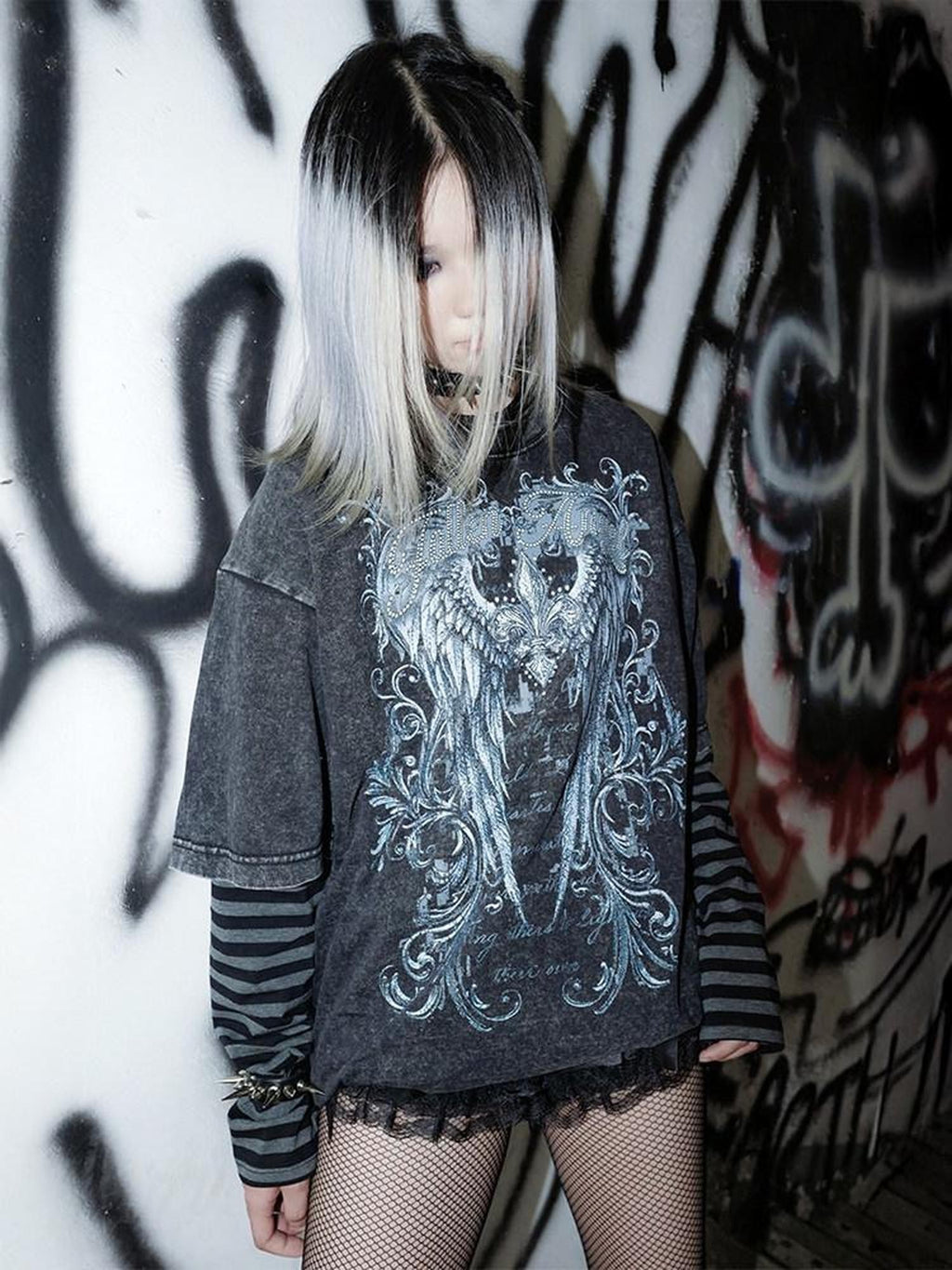 RebelSeed Dark Gothic Art Print Heat Transfer Striped Women's Cotton Long Sleeve T-shirts