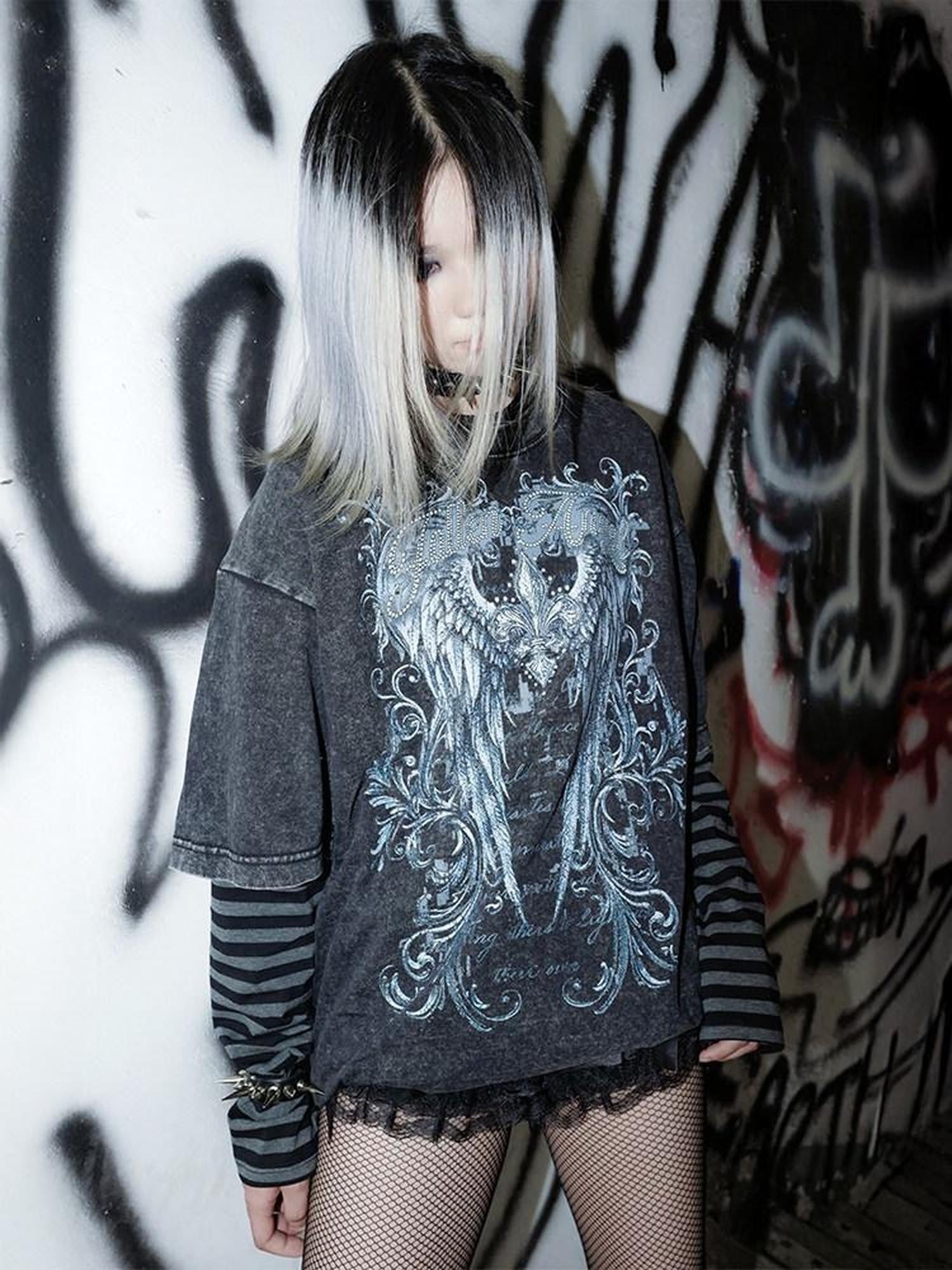 RebelSeed Dark Gothic Art Print Heat Transfer Striped Women's Cotton Long Sleeve T-shirts