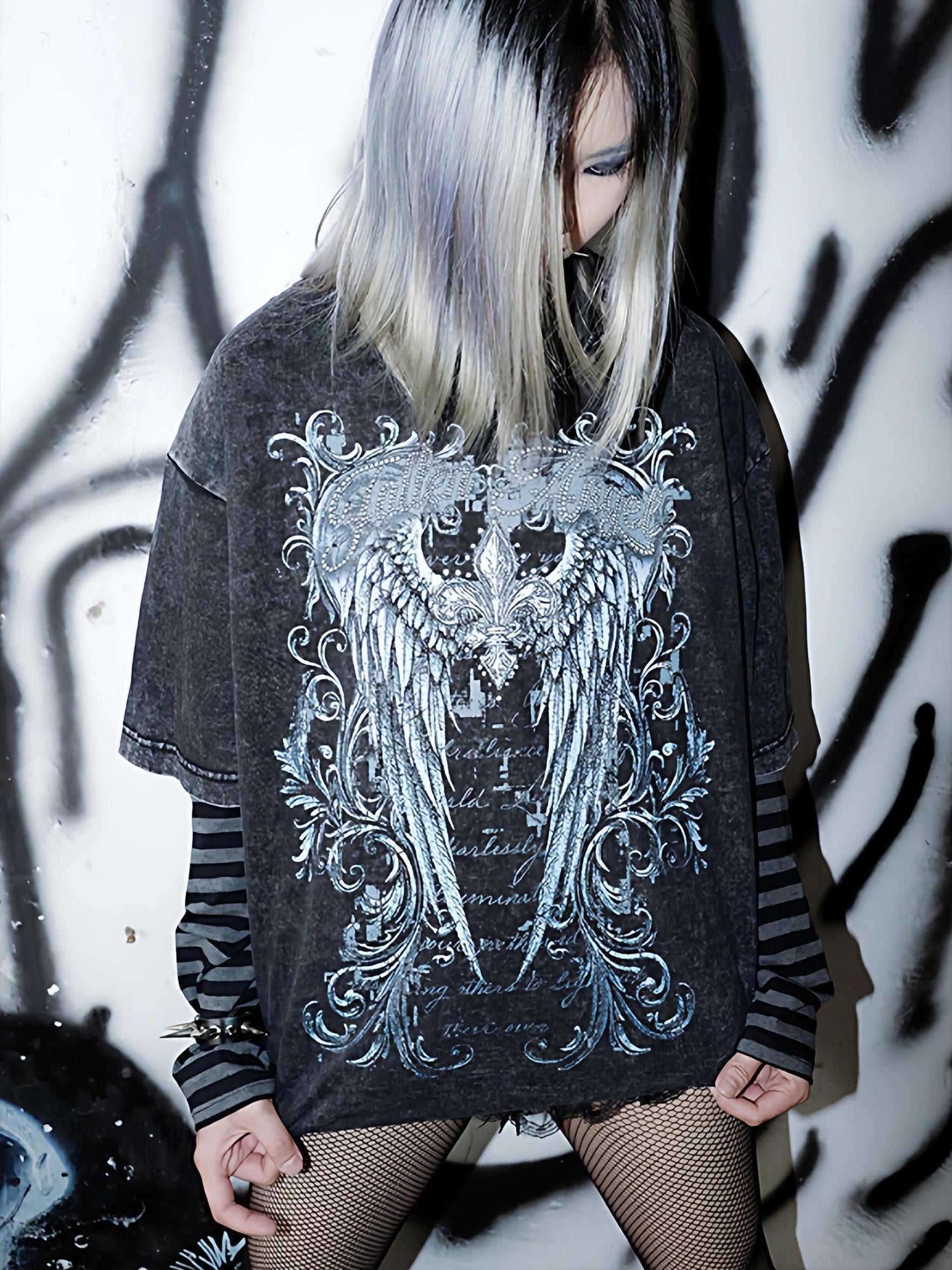RebelSeed Dark Gothic Art Print Heat Transfer Striped Women's Cotton Long Sleeve T-shirts