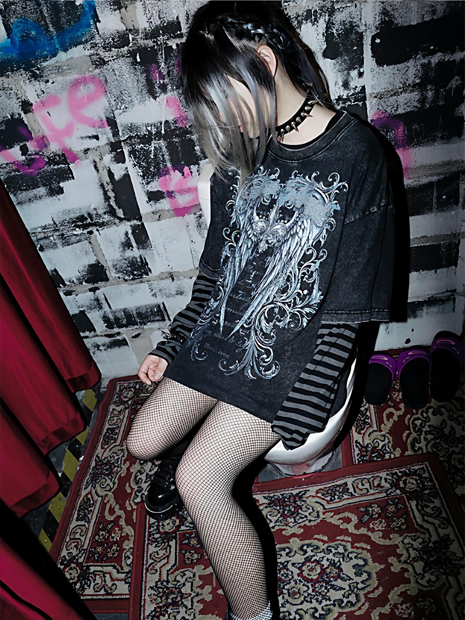 RebelSeed Dark Gothic Art Print Heat Transfer Striped Women's Cotton Long Sleeve T-shirts