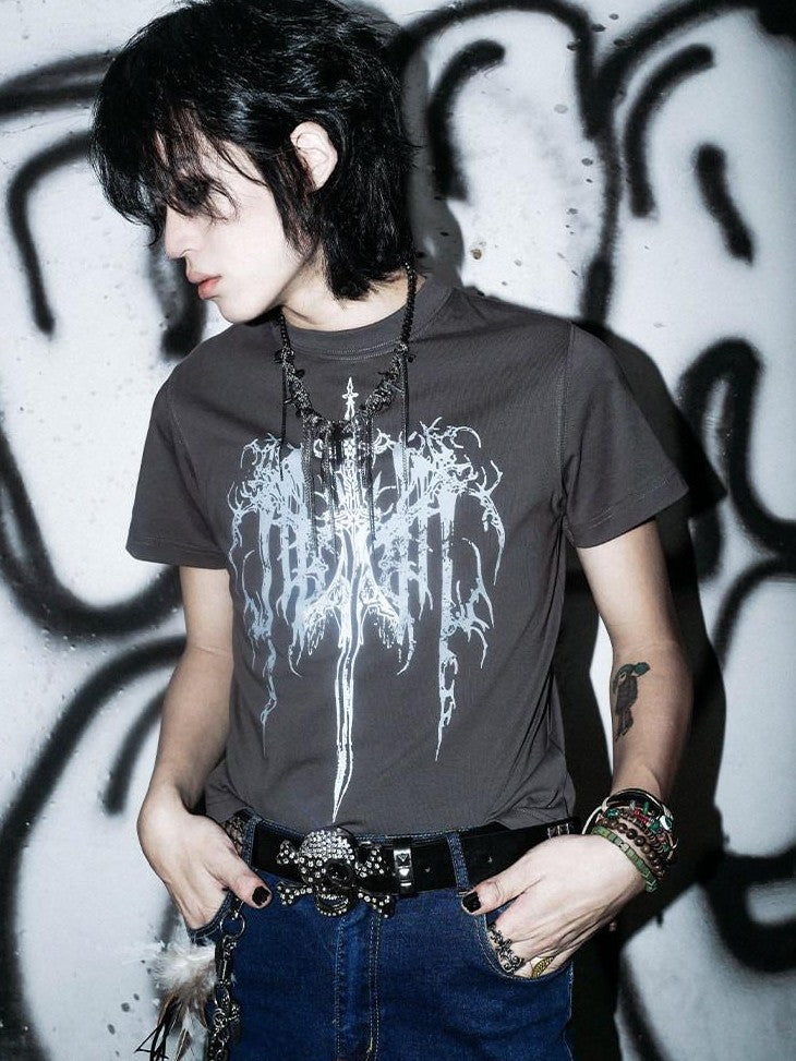 RebelSeed Dark Gothic Cross Heat Transfer Slim Women's Cotton Short Sleeve T-shirts