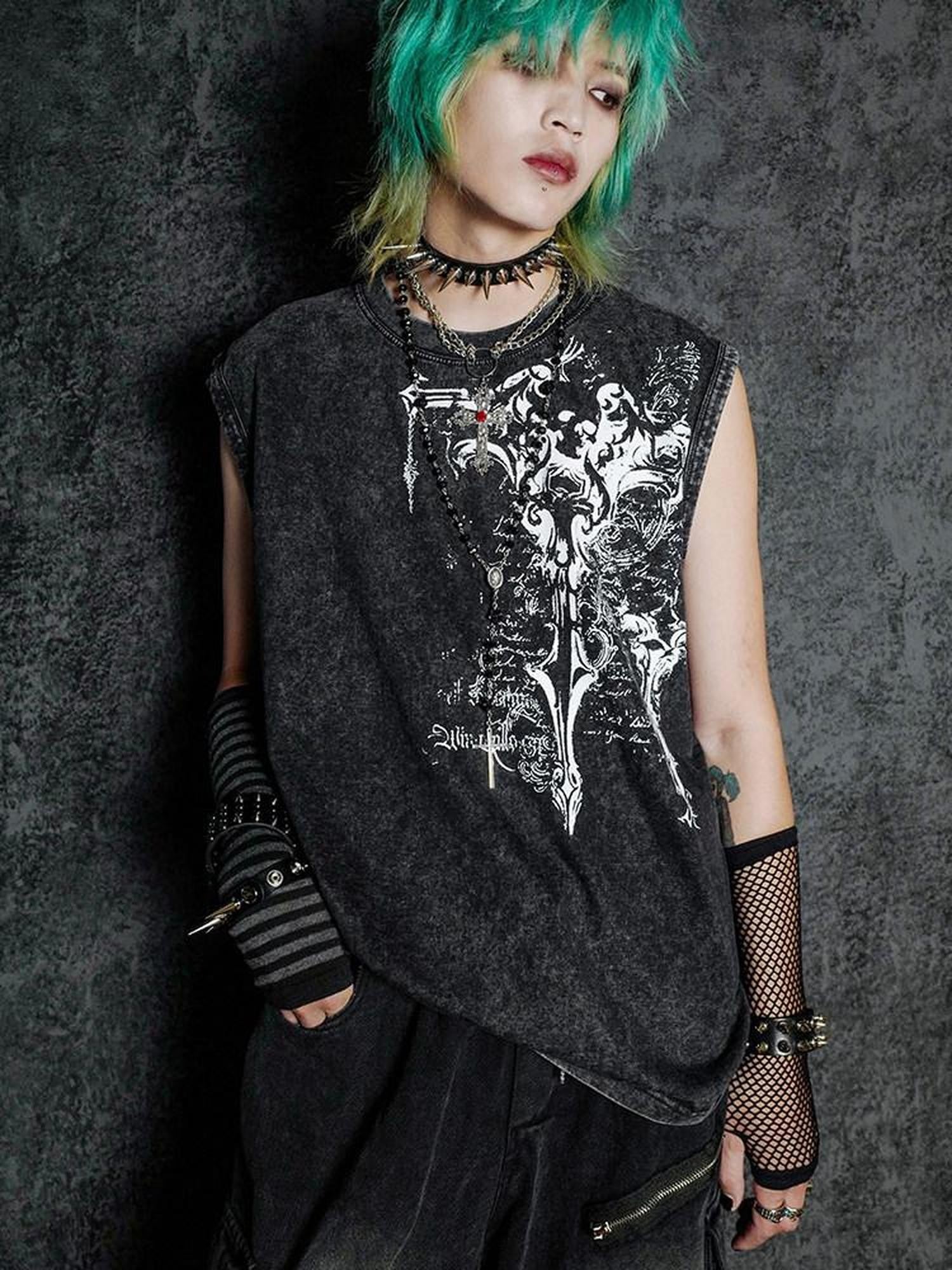 RebelSeed Dark Gothic Geometric Distressed Print Women's Pure Cotton Tank Tops