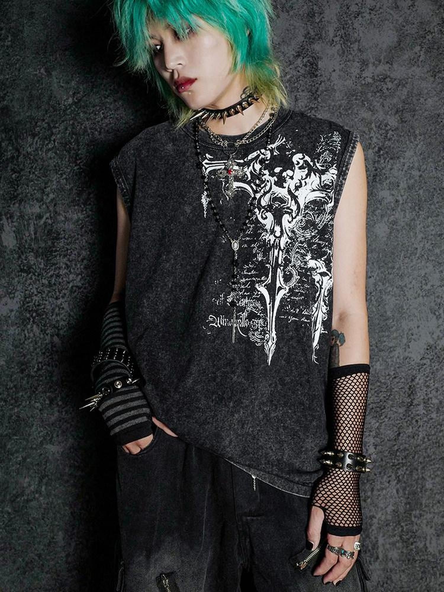 RebelSeed Dark Gothic Geometric Distressed Print Women's Pure Cotton Tank Tops