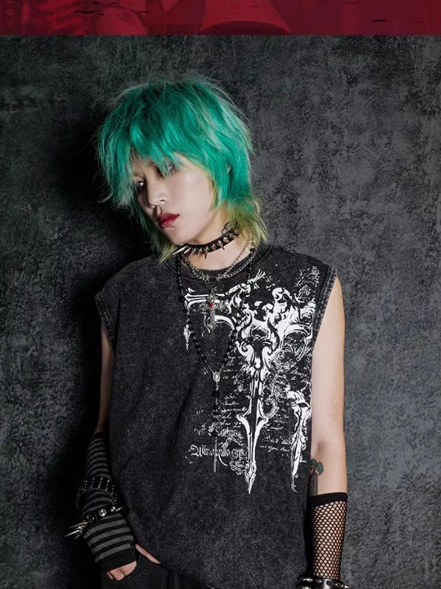RebelSeed Dark Gothic Geometric Distressed Print Women's Pure Cotton Tank Tops