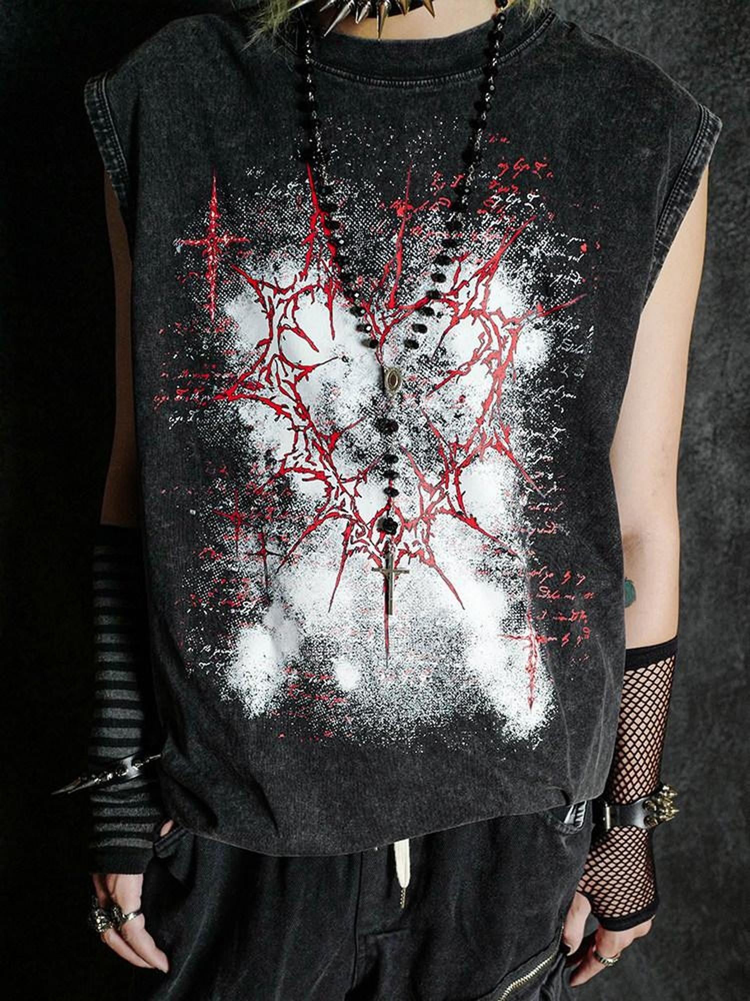 RebelSeed Dark Gothic Graffiti Heat Transfer Distressed Women's Cotton Tank Tops