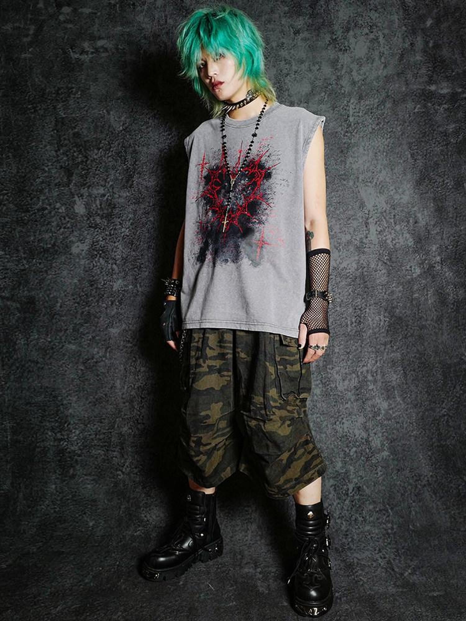 RebelSeed Dark Gothic Graffiti Heat Transfer Distressed Women's Cotton Tank Tops