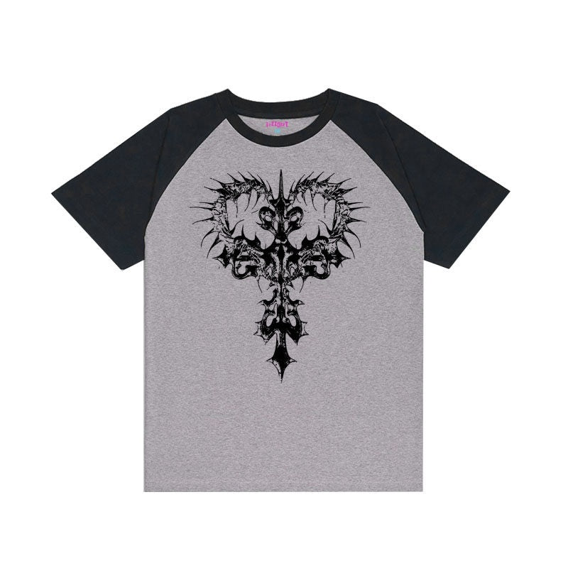RebelSeed_Dark_Gothic_Skeleton_Cross_Print_Raglan_Women's_Cotton_Short_Sleeve_T-shirts_812586314778_MISSTT