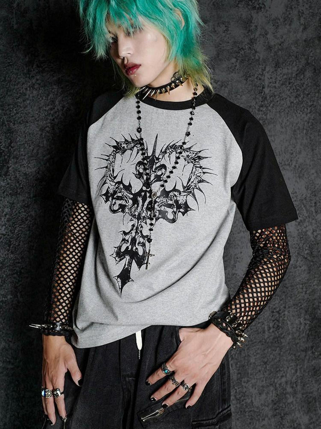 RebelSeed Dark Gothic Skeleton Cross Print Raglan Women's Cotton Short Sleeve T-shirts