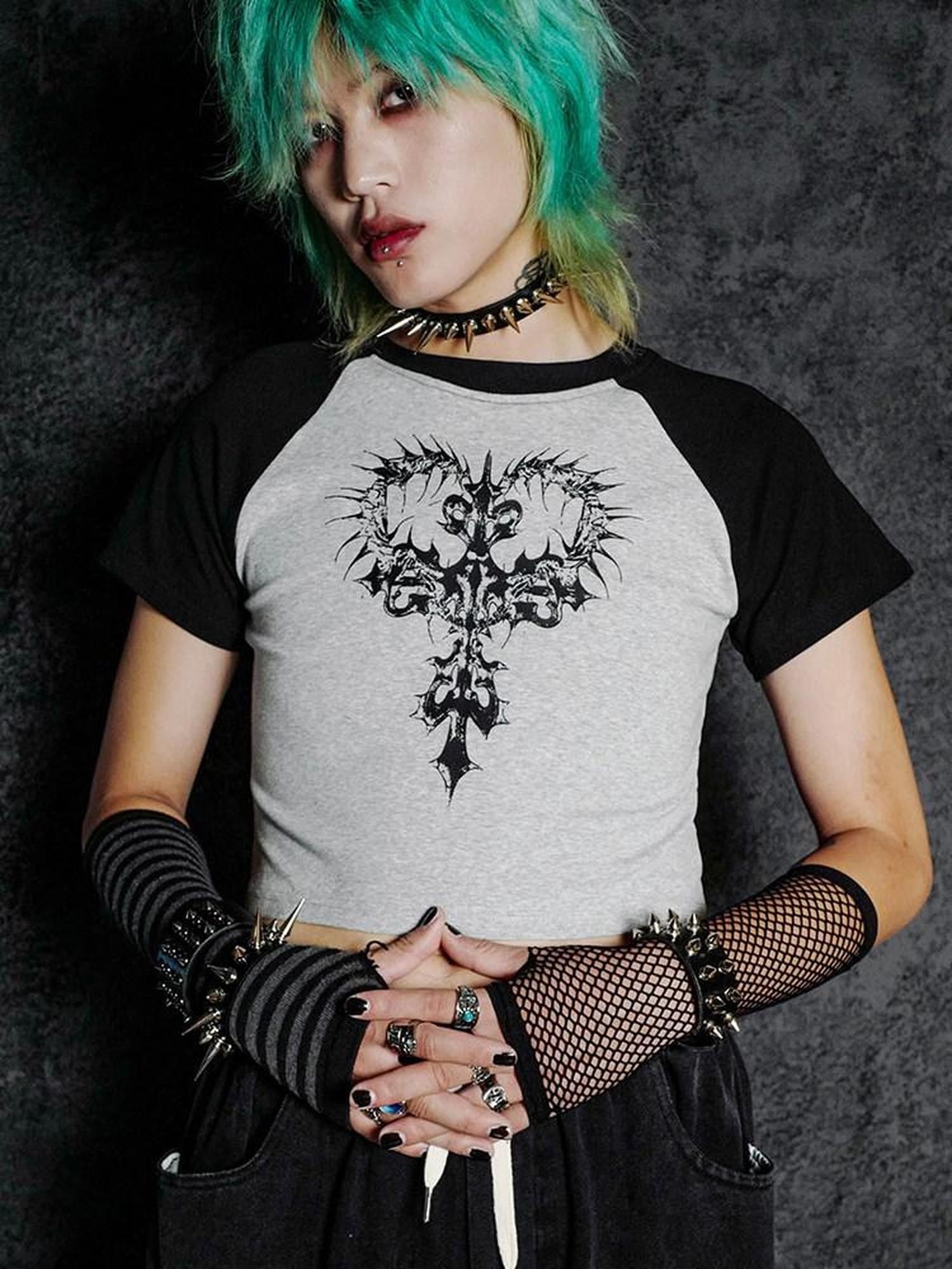RebelSeed Dark Gothic Skeleton Cross Print Raglan Women's Cotton Short Sleeve T-shirts