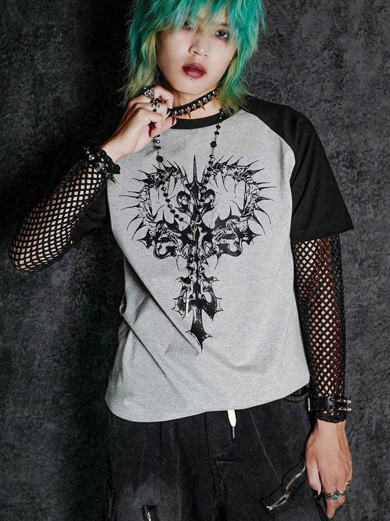RebelSeed Dark Gothic Skeleton Cross Print Raglan Women's Cotton Short Sleeve T-shirts